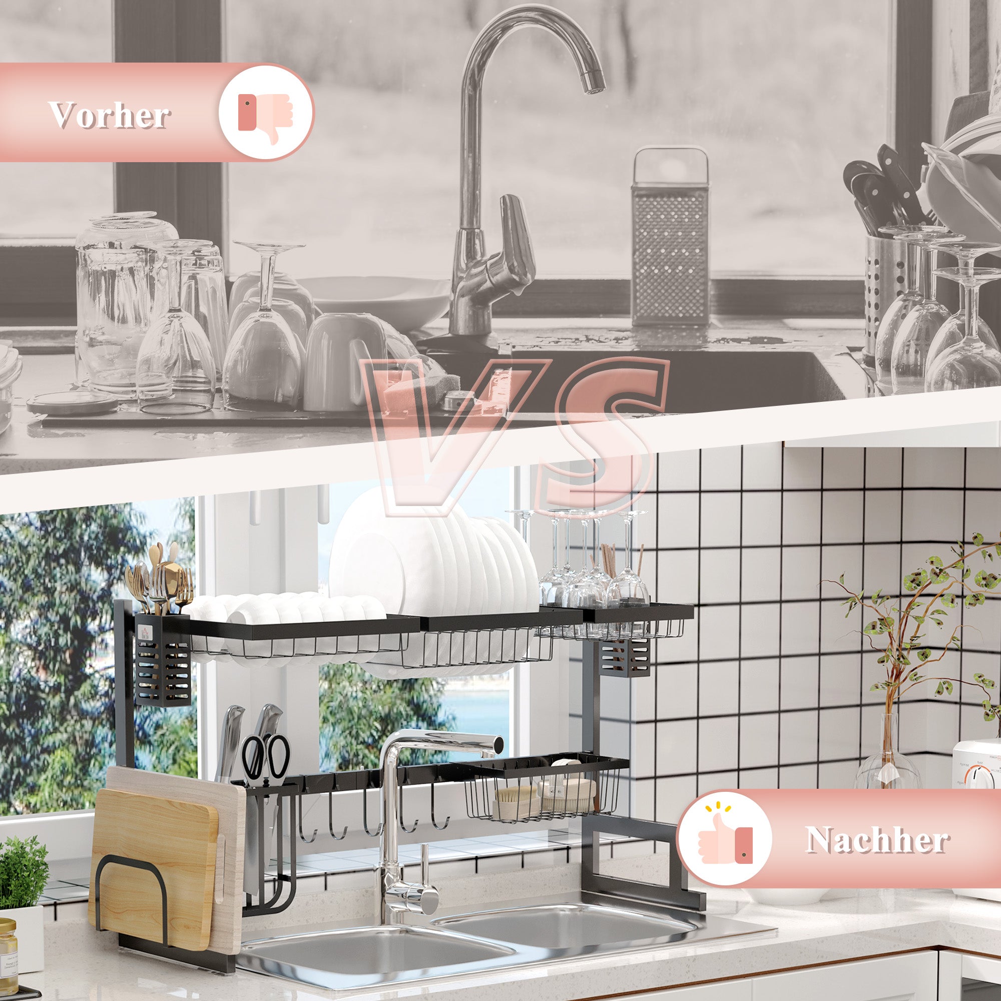 Dish Drying Rack, 2-Tier Dish Rack with Hooks, Drain Tray, Drain Rack Stand for Kitchen Sink, Steel, Black