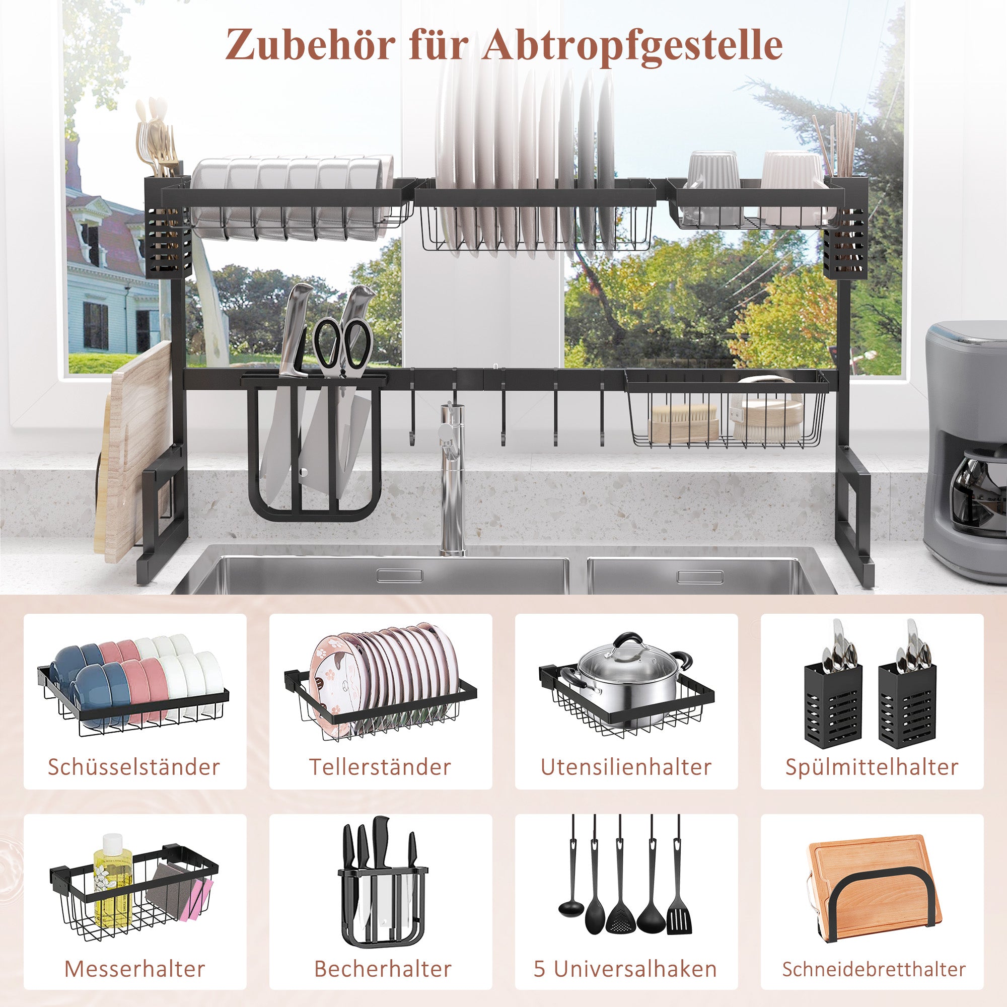 Dish Drying Rack, 2-Tier Dish Rack with Hooks, Drain Tray, Drain Rack Stand for Kitchen Sink, Steel, Black