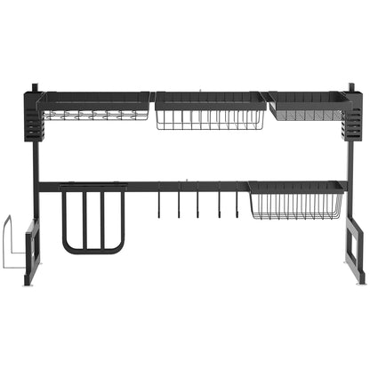 Dish Drying Rack, 2-Tier Dish Rack with Hooks, Drain Tray, Drain Rack Stand for Kitchen Sink, Steel, Black