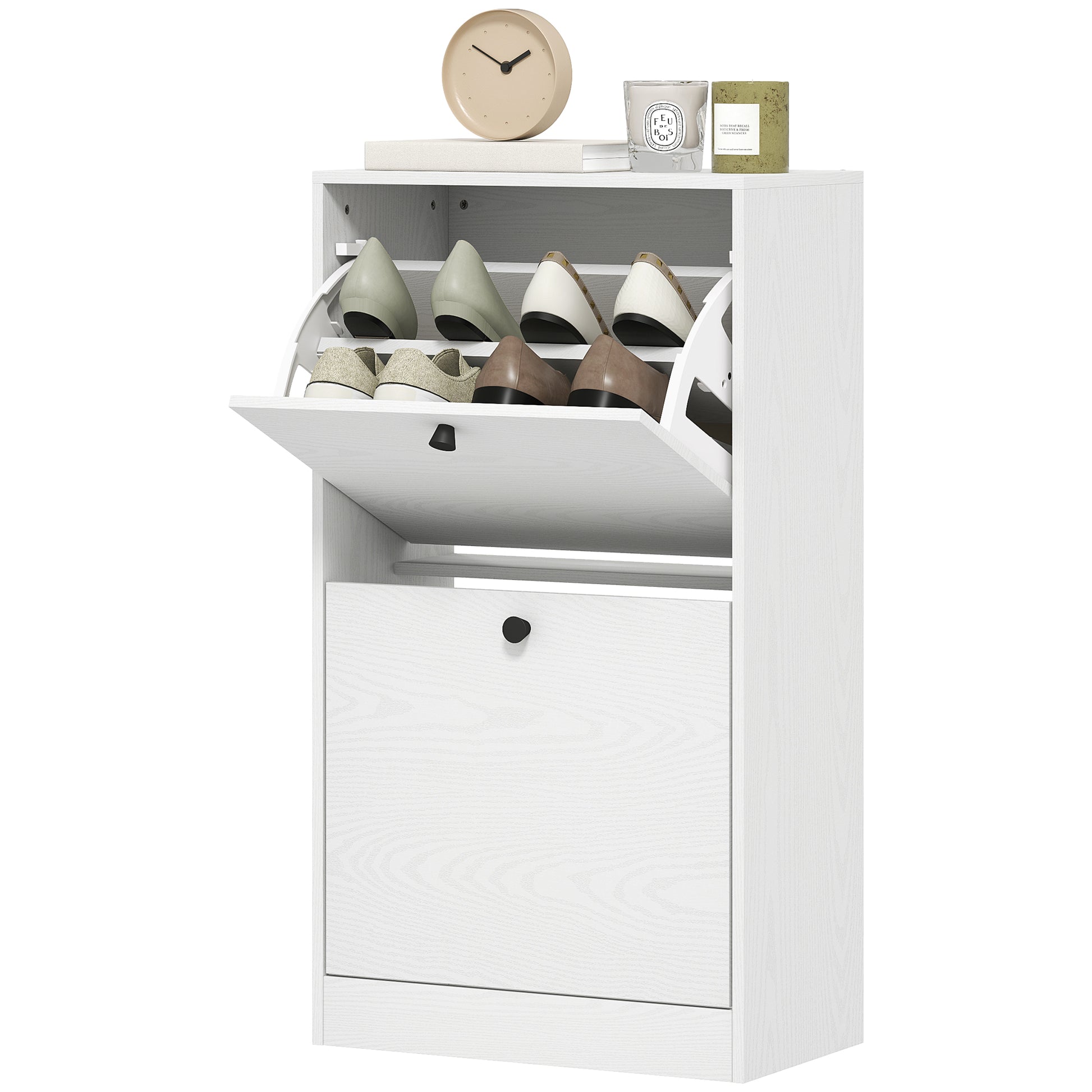 Narrow Shoe Cabinet with 2 Flip-Down Doors Shoe Organizer Entryway with Adjustable Shelves for 8 Pairs of Shoes for Narrow Hallways 47x26x85 cm White Veined