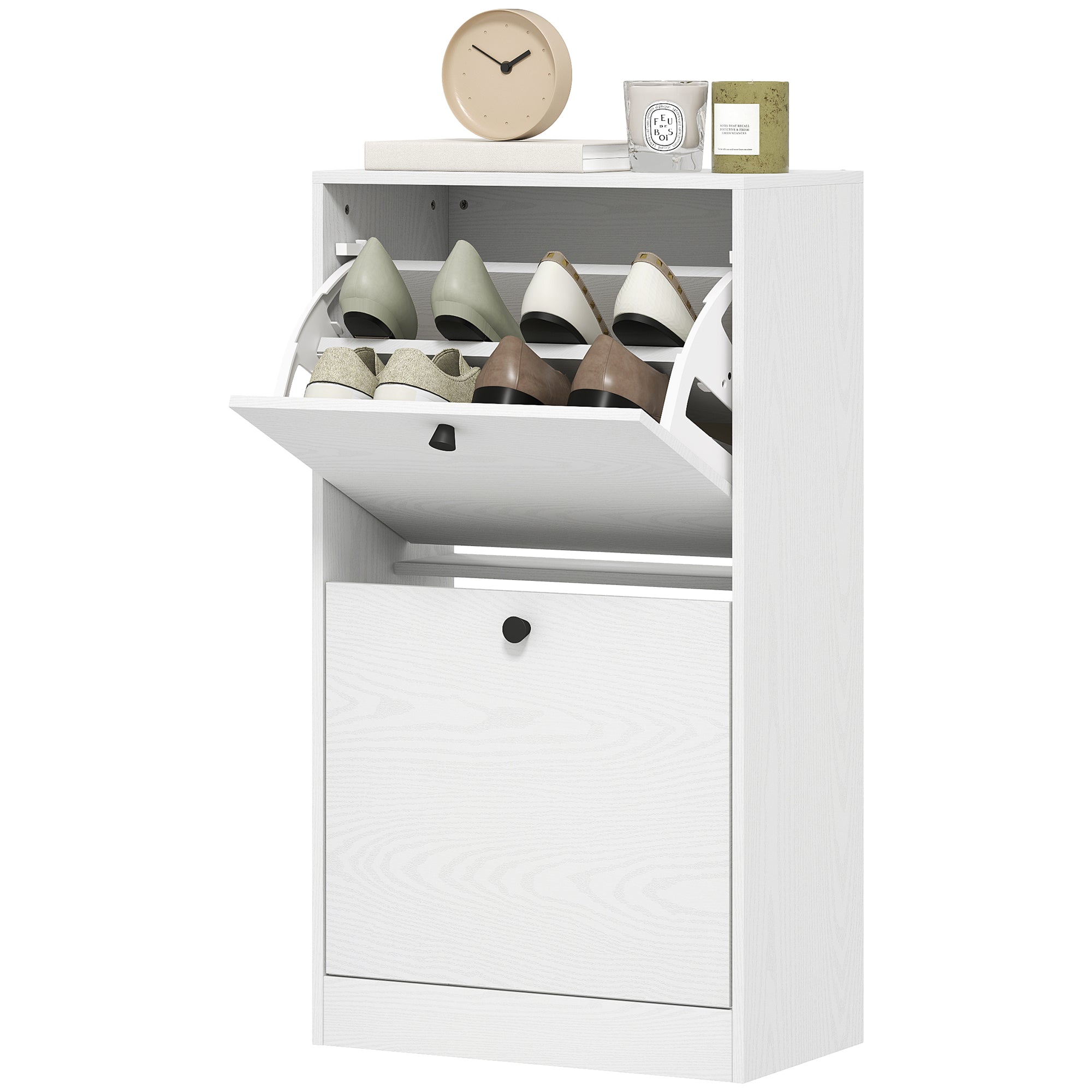 Narrow Shoe Cabinet with 2 Flip-Down Doors Shoe Organizer Entryway with Adjustable Shelves for 8 Pairs of Shoes for Narrow Hallways 47x26x85 cm White Veined