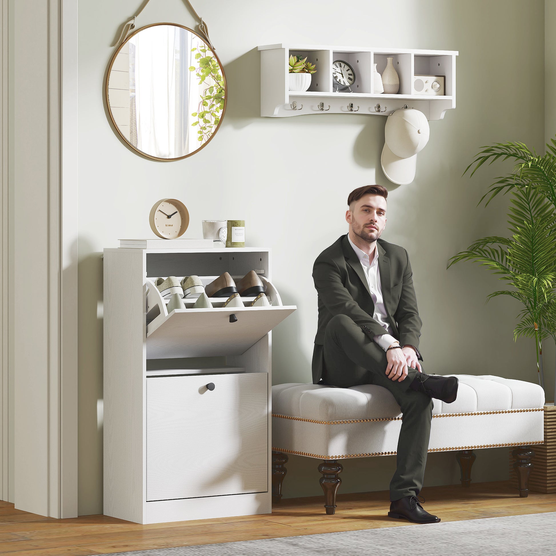 Narrow Shoe Cabinet with 2 Flip-Down Doors Shoe Organizer Entryway with Adjustable Shelves for 8 Pairs of Shoes for Narrow Hallways 47x26x85 cm White Veined