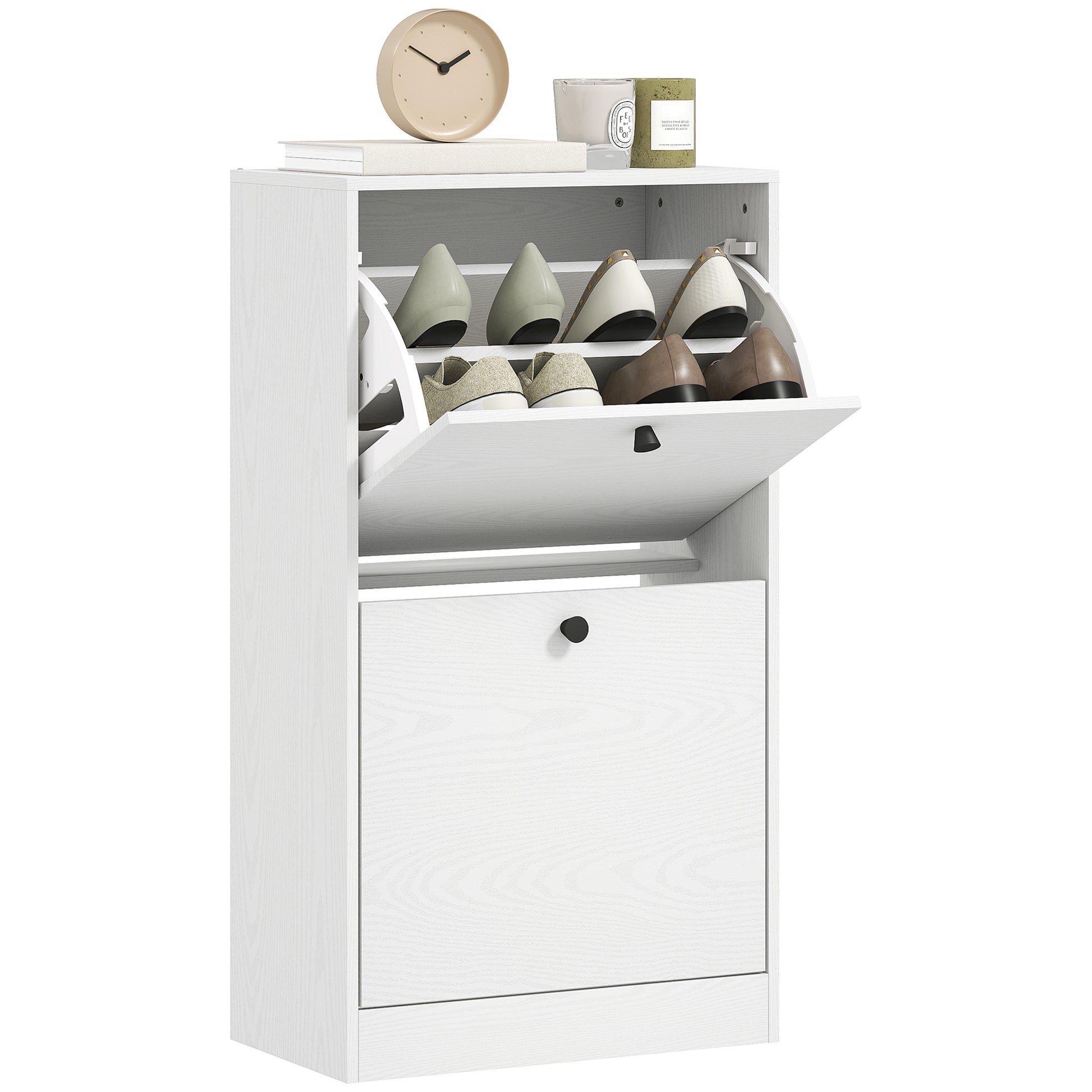 Narrow Shoe Cabinet with 2 Flip-Down Doors Shoe Organizer Entryway with Adjustable Shelves for 8 Pairs of Shoes for Narrow Hallways 47x26x85 cm White Veined
