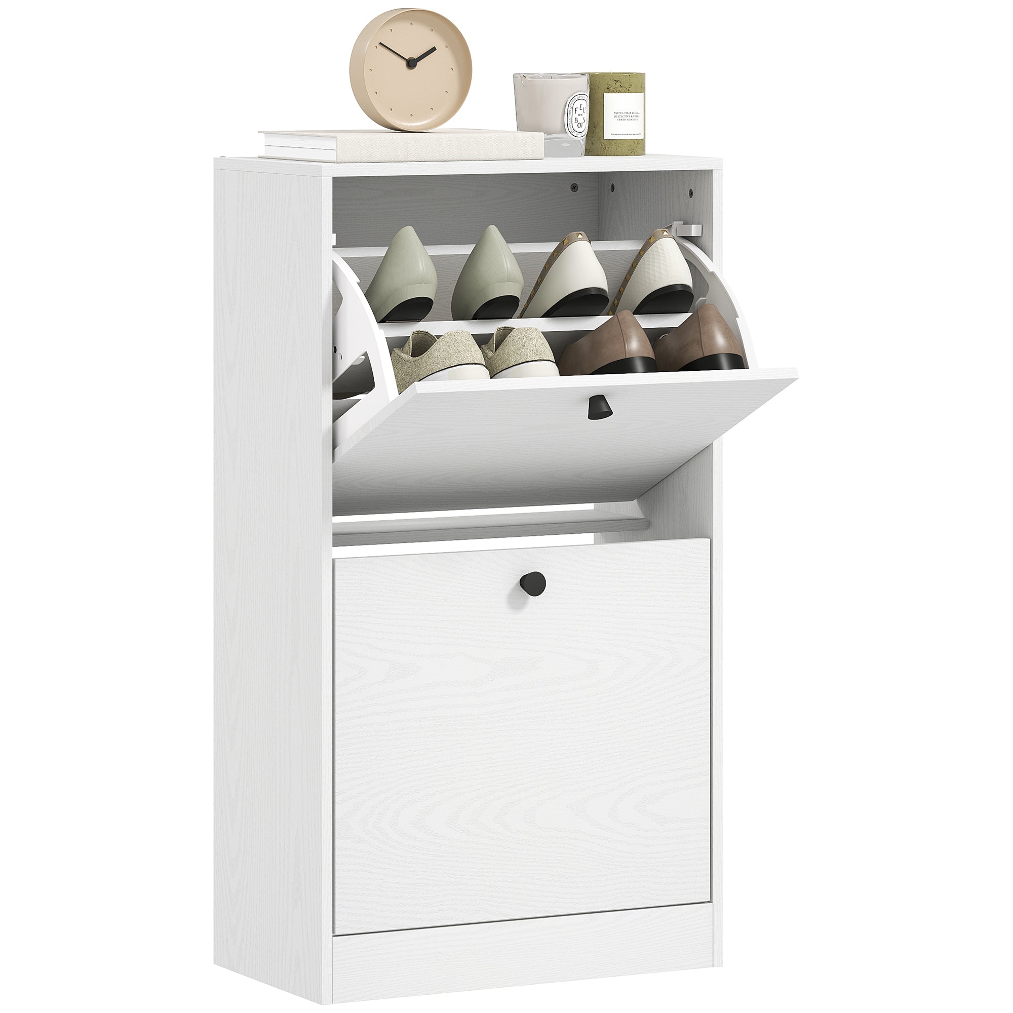 Narrow Shoe Cabinet with 2 Flip-Down Doors Shoe Organizer Entryway with Adjustable Shelves for 8 Pairs of Shoes for Narrow Hallways 47x26x85 cm White Veined