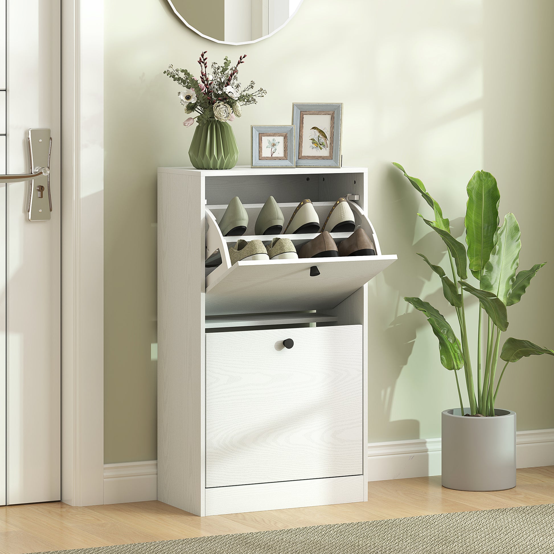 Narrow Shoe Cabinet with 2 Flip-Down Doors Shoe Organizer Entryway with Adjustable Shelves for 8 Pairs of Shoes for Narrow Hallways 47x26x85 cm White Veined