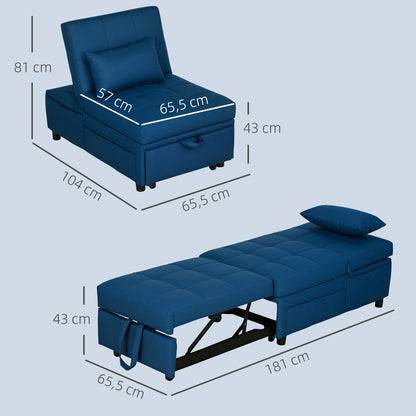 3-in-1 Sleeper Chair with Sleeper Function, Pull-Out Sofa Bed, Sleep Chair with Side Pocket, Adjustable Backrest, Up to 150 kg Load Capacity, for Living Room, Bedroom, Blue