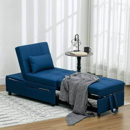 3-in-1 Sleeper Chair with Sleeper Function, Pull-Out Sofa Bed, Sleep Chair with Side Pocket, Adjustable Backrest, Up to 150 kg Load Capacity, for Living Room, Bedroom, Blue