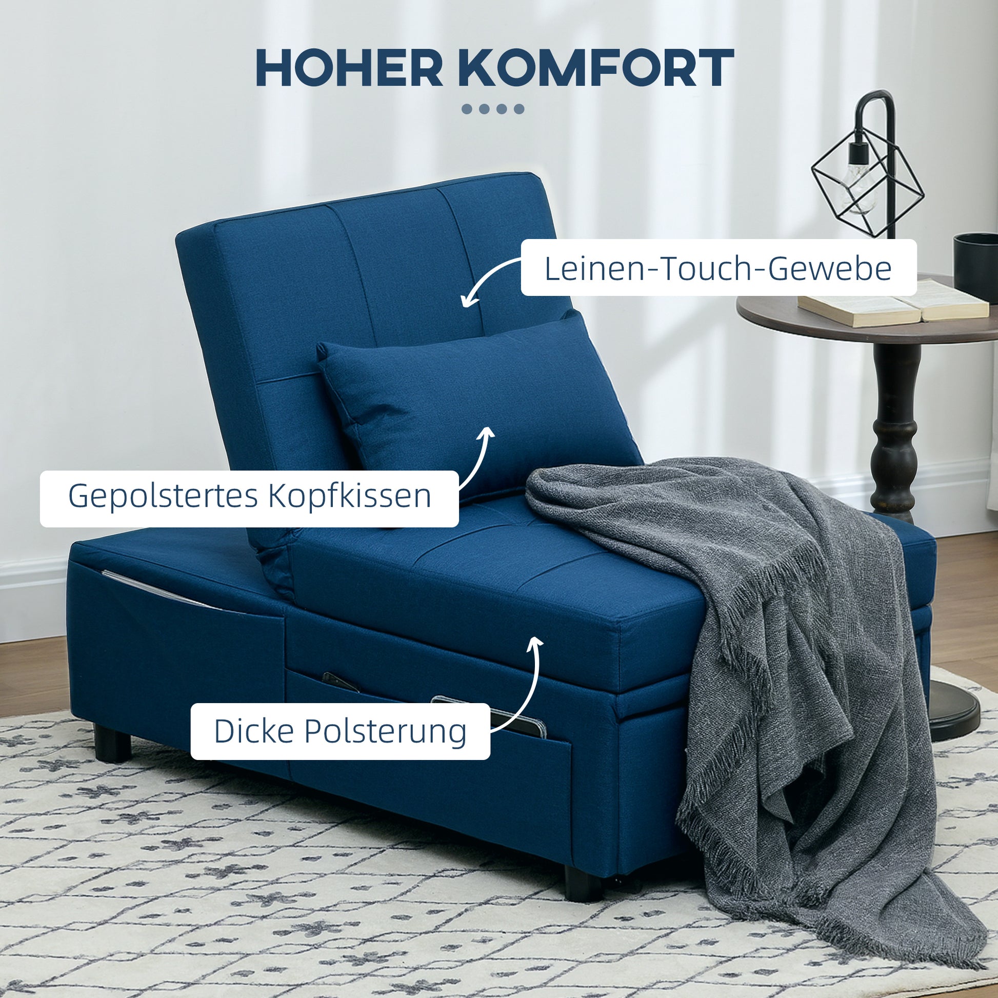 3-in-1 Sleeper Chair with Sleeper Function, Pull-Out Sofa Bed, Sleep Chair with Side Pocket, Adjustable Backrest, Up to 150 kg Load Capacity, for Living Room, Bedroom, Blue