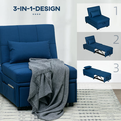 3-in-1 Sleeper Chair with Sleeper Function, Pull-Out Sofa Bed, Sleep Chair with Side Pocket, Adjustable Backrest, Up to 150 kg Load Capacity, for Living Room, Bedroom, Blue