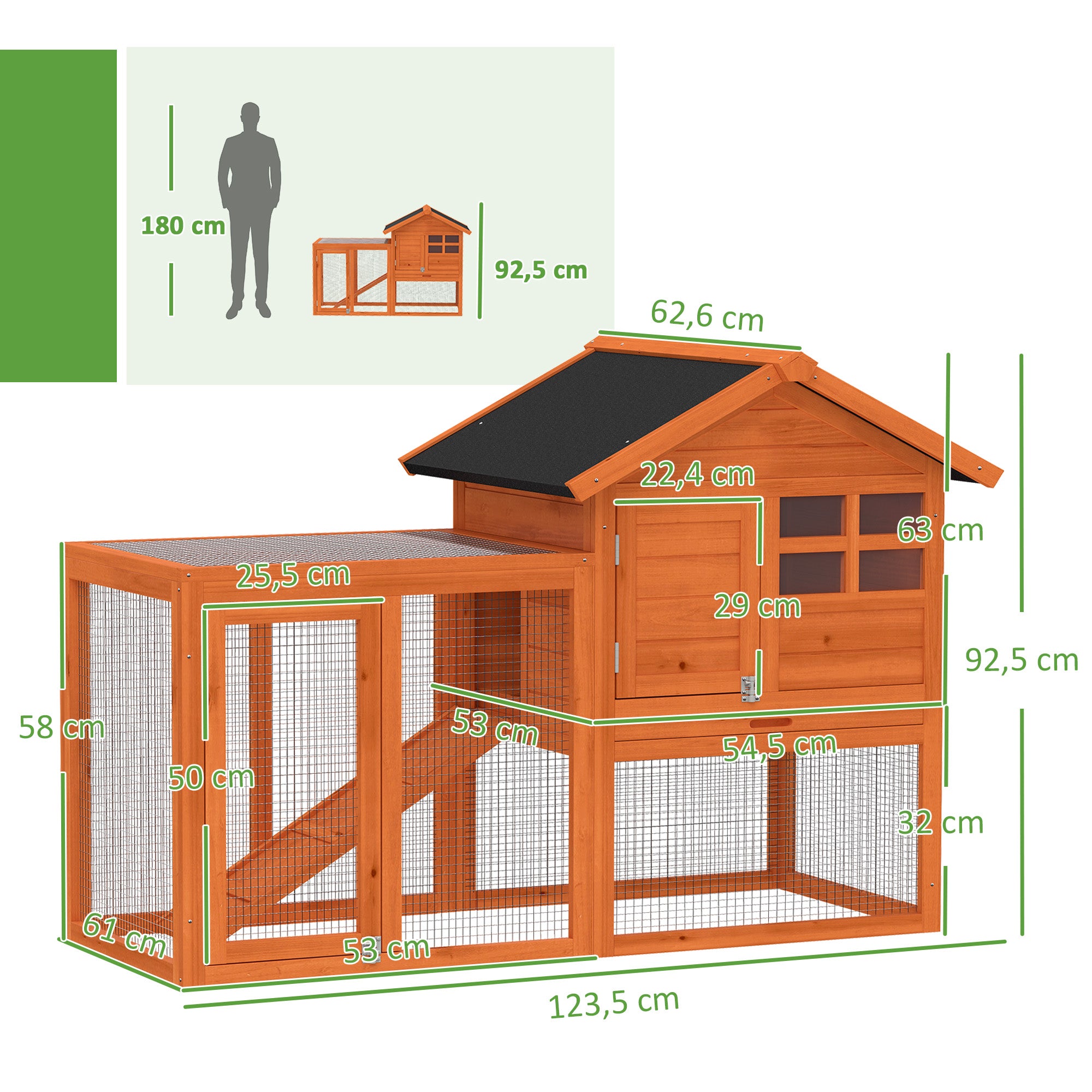 2-Story Wooden Rabbit Hutch, 48.6 x 24.6 x 36.4 in, Waterproof Bitumen Roof, Run with Ramp & Doors – Orange