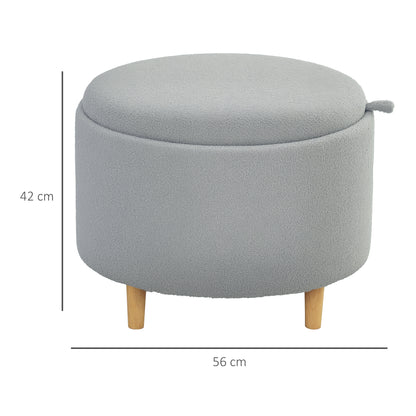 Storage Ottoman Pouf with Storage Round Upholstered Ottoman with Folding Lid, Wooden Legs, Modern, for Living Room, Bedroom, Gray, Ø56 x 42 cm