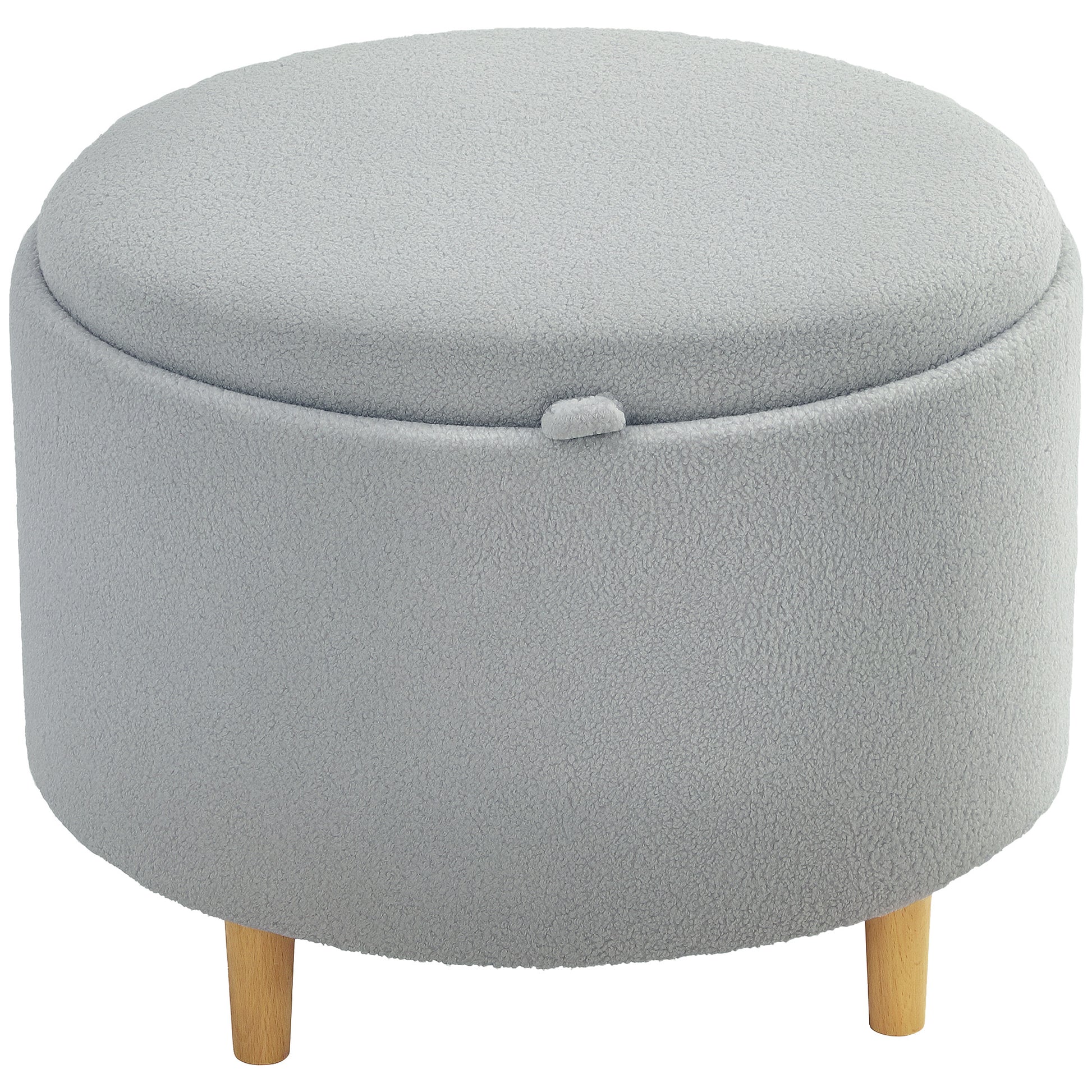 Storage Ottoman Pouf with Storage Round Upholstered Ottoman with Folding Lid, Wooden Legs, Modern, for Living Room, Bedroom, Gray, Ø56 x 42 cm
