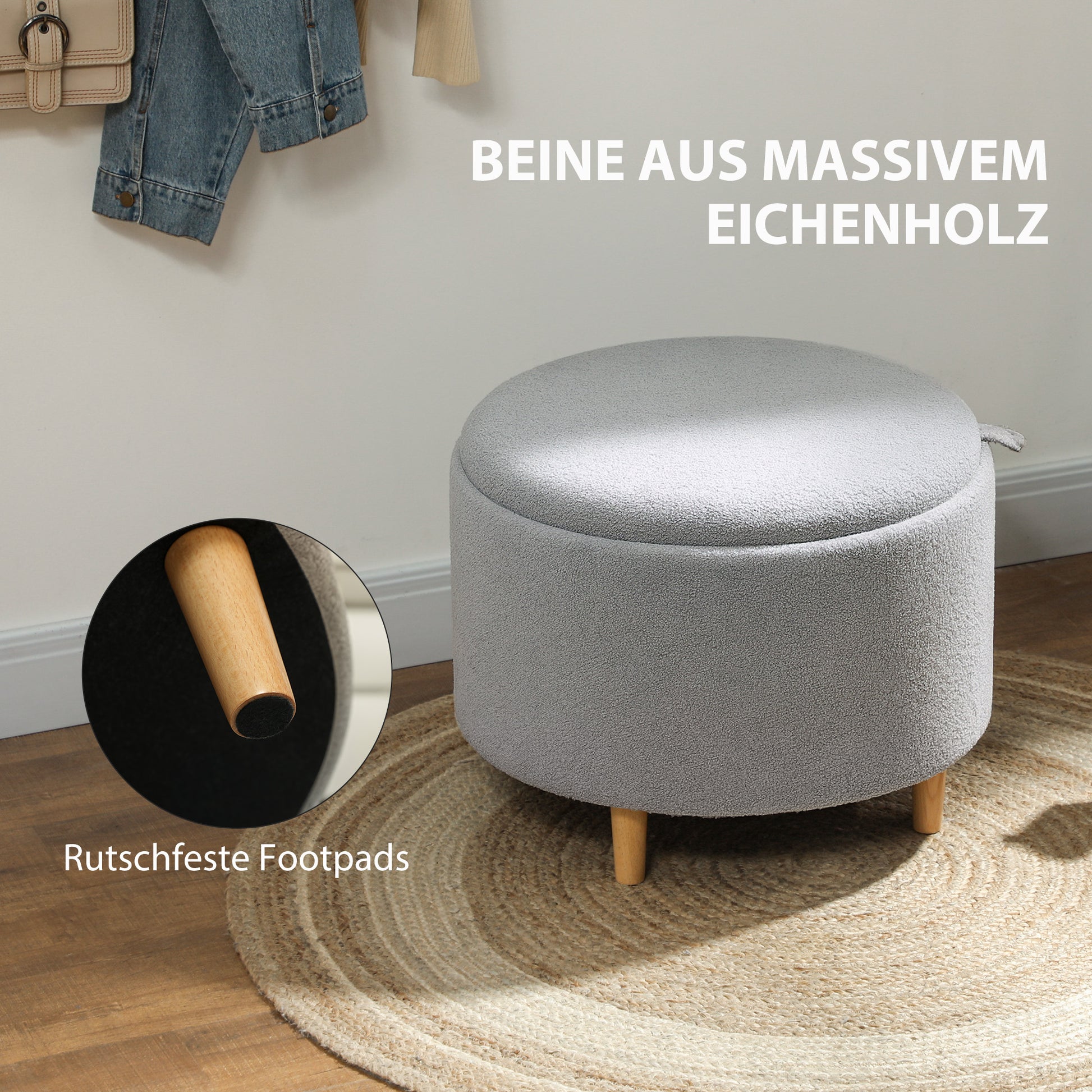 Storage Ottoman Pouf with Storage Round Upholstered Ottoman with Folding Lid, Wooden Legs, Modern, for Living Room, Bedroom, Gray, Ø56 x 42 cm