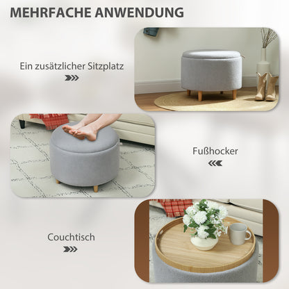 Storage Ottoman Pouf with Storage Round Upholstered Ottoman with Folding Lid, Wooden Legs, Modern, for Living Room, Bedroom, Gray, Ø56 x 42 cm
