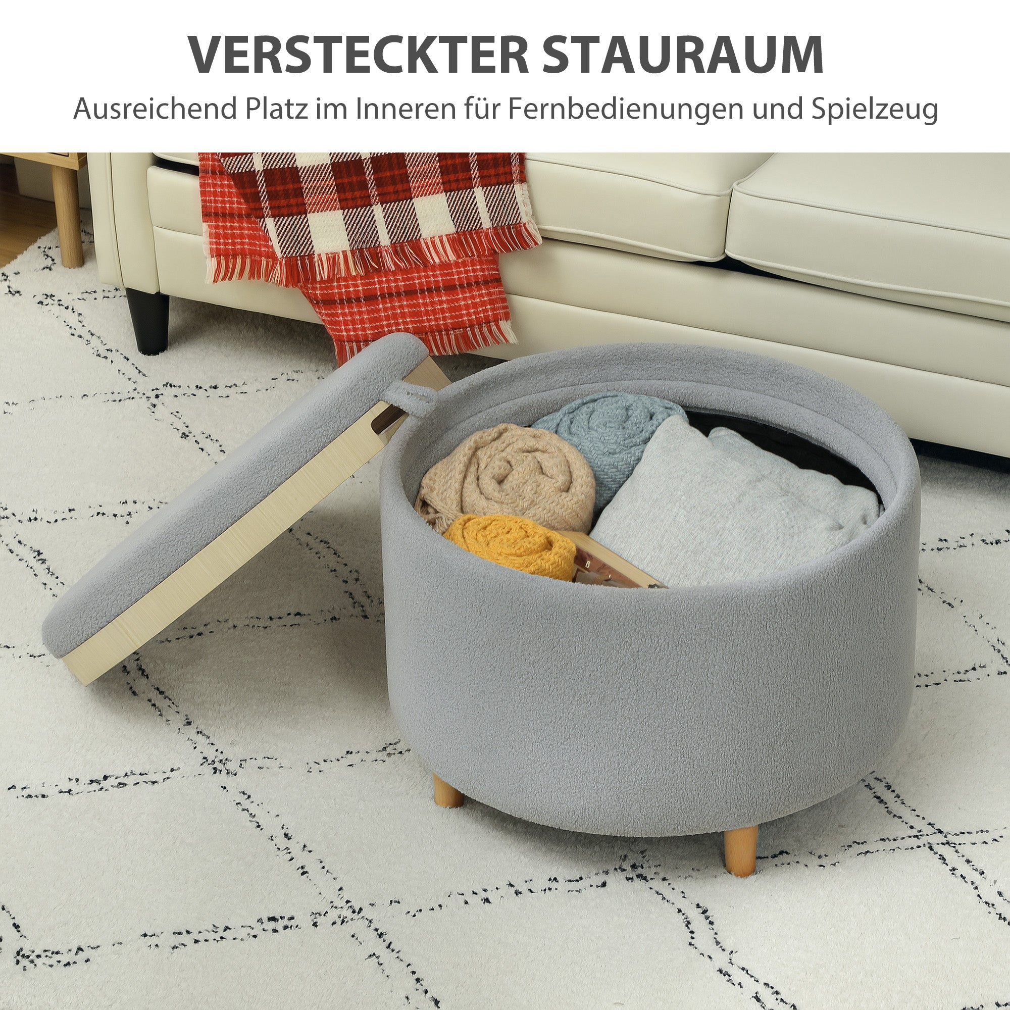 Storage Ottoman Pouf with Storage Round Upholstered Ottoman with Folding Lid, Wooden Legs, Modern, for Living Room, Bedroom, Gray, Ø56 x 42 cm