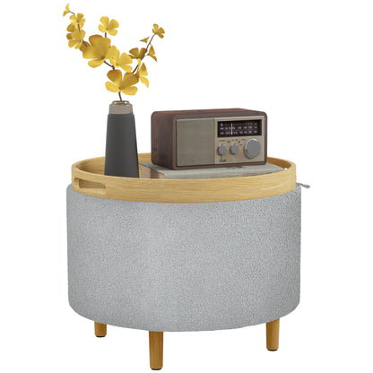 Storage Ottoman Pouf with Storage Round Upholstered Ottoman with Folding Lid, Wooden Legs, Modern, for Living Room, Bedroom, Gray, Ø56 x 42 cm