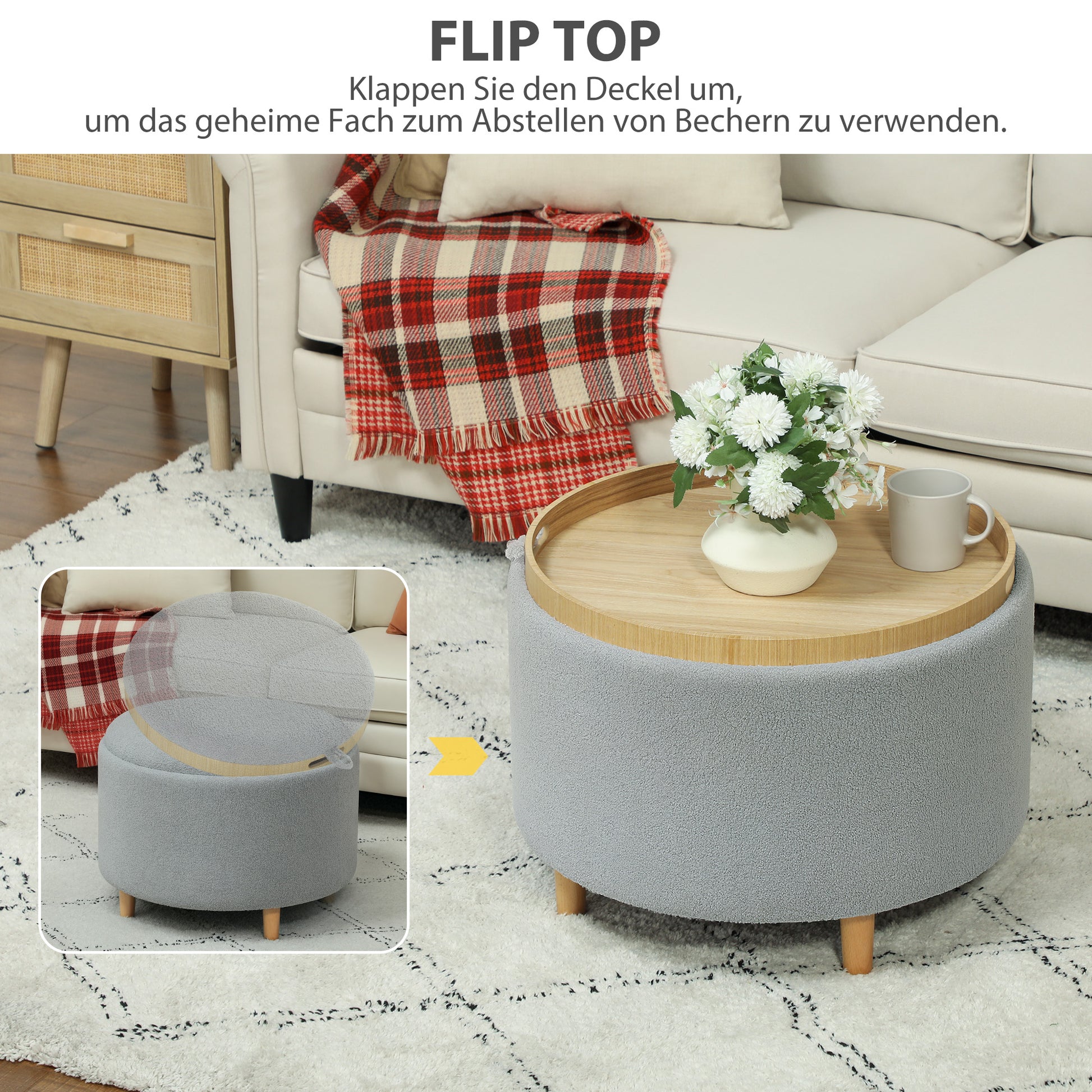 Storage Ottoman Pouf with Storage Round Upholstered Ottoman with Folding Lid, Wooden Legs, Modern, for Living Room, Bedroom, Gray, Ø56 x 42 cm