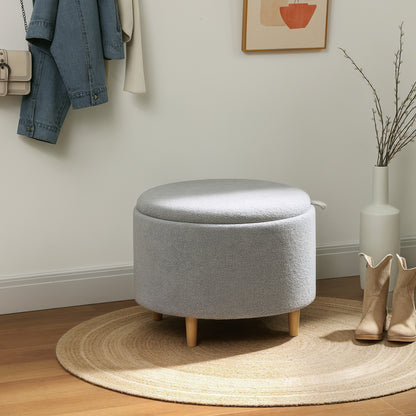 Storage Ottoman Pouf with Storage Round Upholstered Ottoman with Folding Lid, Wooden Legs, Modern, for Living Room, Bedroom, Gray, Ø56 x 42 cm
