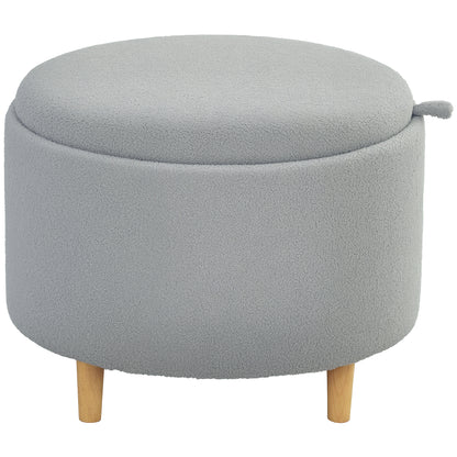 Storage Ottoman Pouf with Storage Round Upholstered Ottoman with Folding Lid, Wooden Legs, Modern, for Living Room, Bedroom, Gray, Ø56 x 42 cm