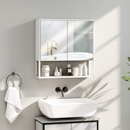 Mirrored Wall Bathroom Cabinet, 60 x 16 x 60 cm (23.6 x 6.3 x 23.6 in) — 2 Mirrored Doors, Adjustable Interior Shelf & Open Shelf, White