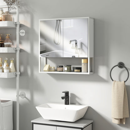 Mirrored Wall Bathroom Cabinet, 60 x 16 x 60 cm (23.6 x 6.3 x 23.6 in) — 2 Mirrored Doors, Adjustable Interior Shelf & Open Shelf, White
