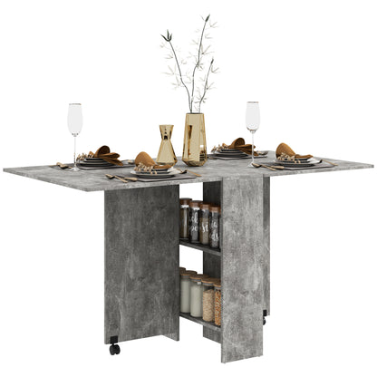 Folding Dining Table Kitchen Table with Wheels Folding Wings and Shelves for 4-6 People 75x140x74 cm Gray Cement