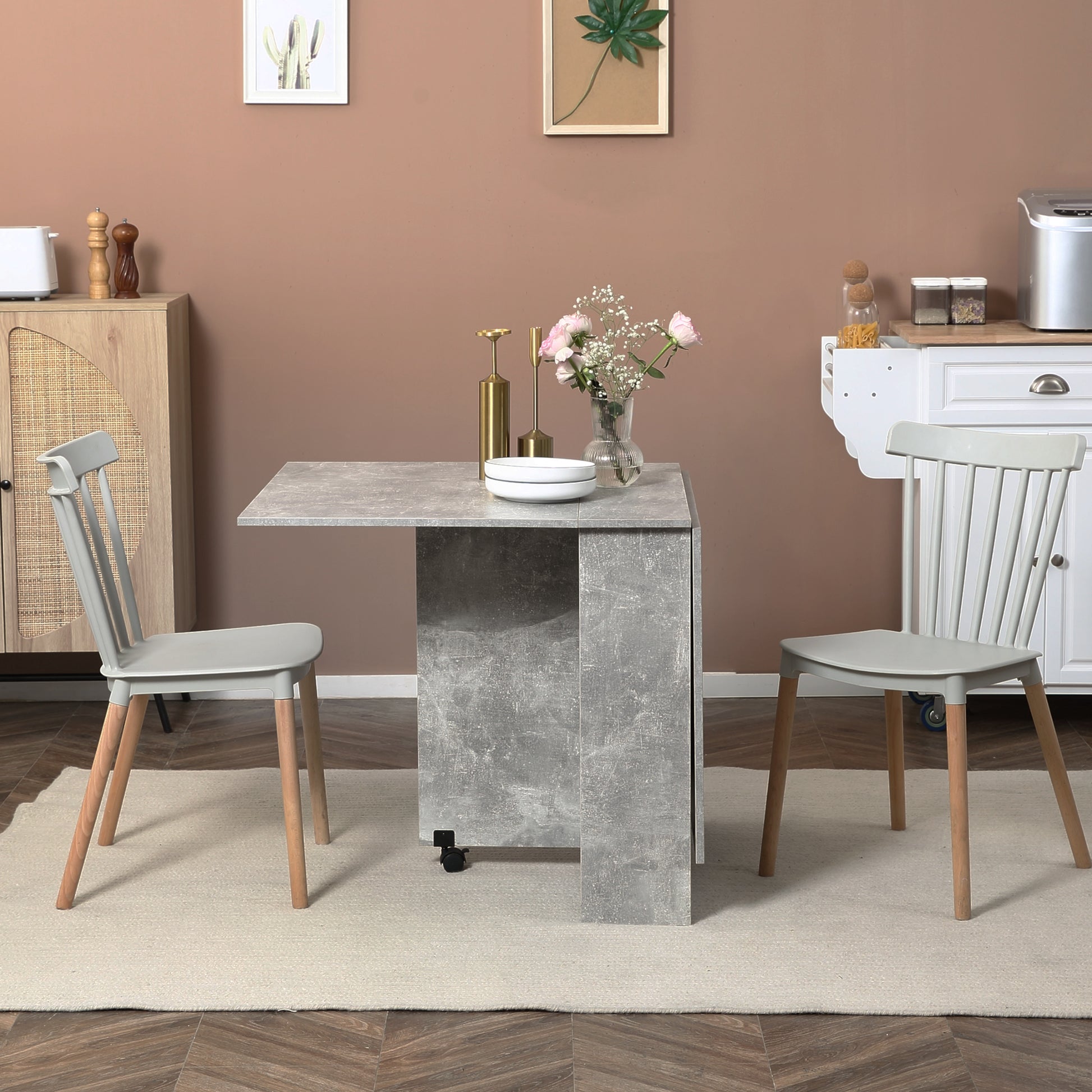 Folding Dining Table Kitchen Table with Wheels Folding Wings and Shelves for 4-6 People 75x140x74 cm Gray Cement