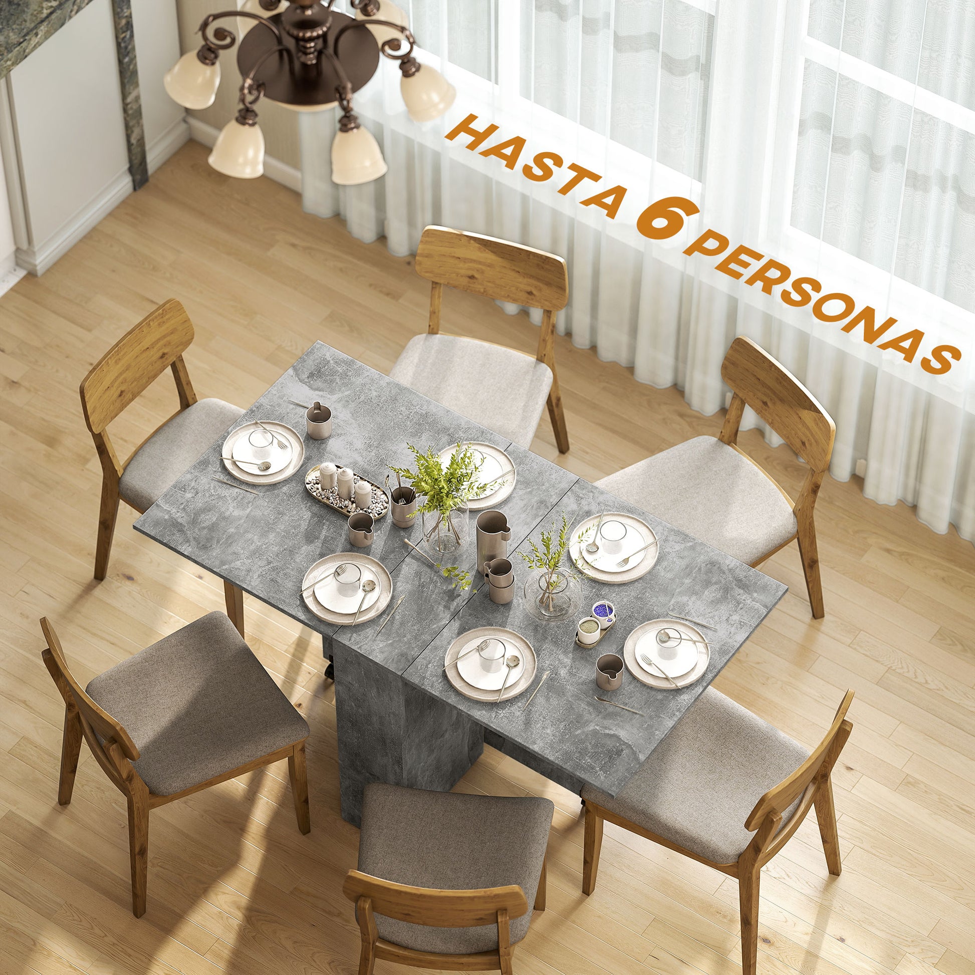 Folding Dining Table Kitchen Table with Wheels Folding Wings and Shelves for 4-6 People 75x140x74 cm Gray Cement