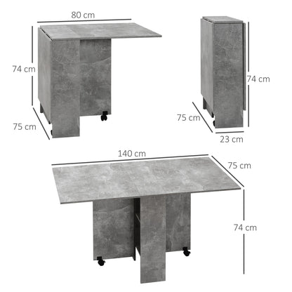 Folding Dining Table Kitchen Table with Wheels Folding Wings and Shelves for 4-6 People 75x140x74 cm Gray Cement