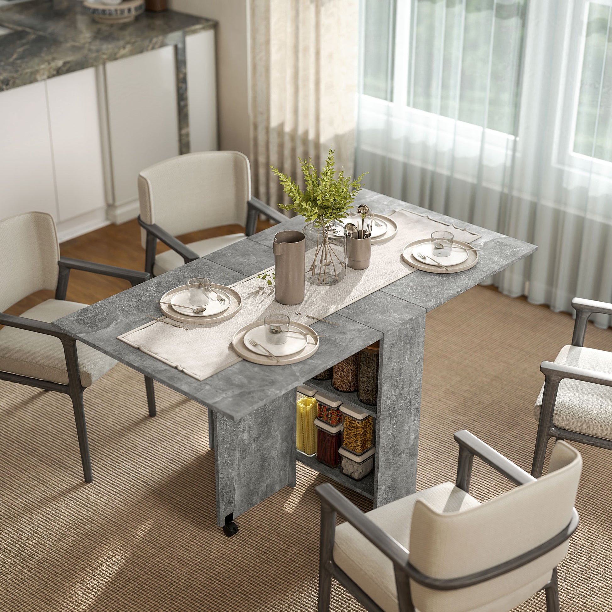 Folding Dining Table Kitchen Table with Wheels Folding Wings and Shelves for 4-6 People 75x140x74 cm Gray Cement