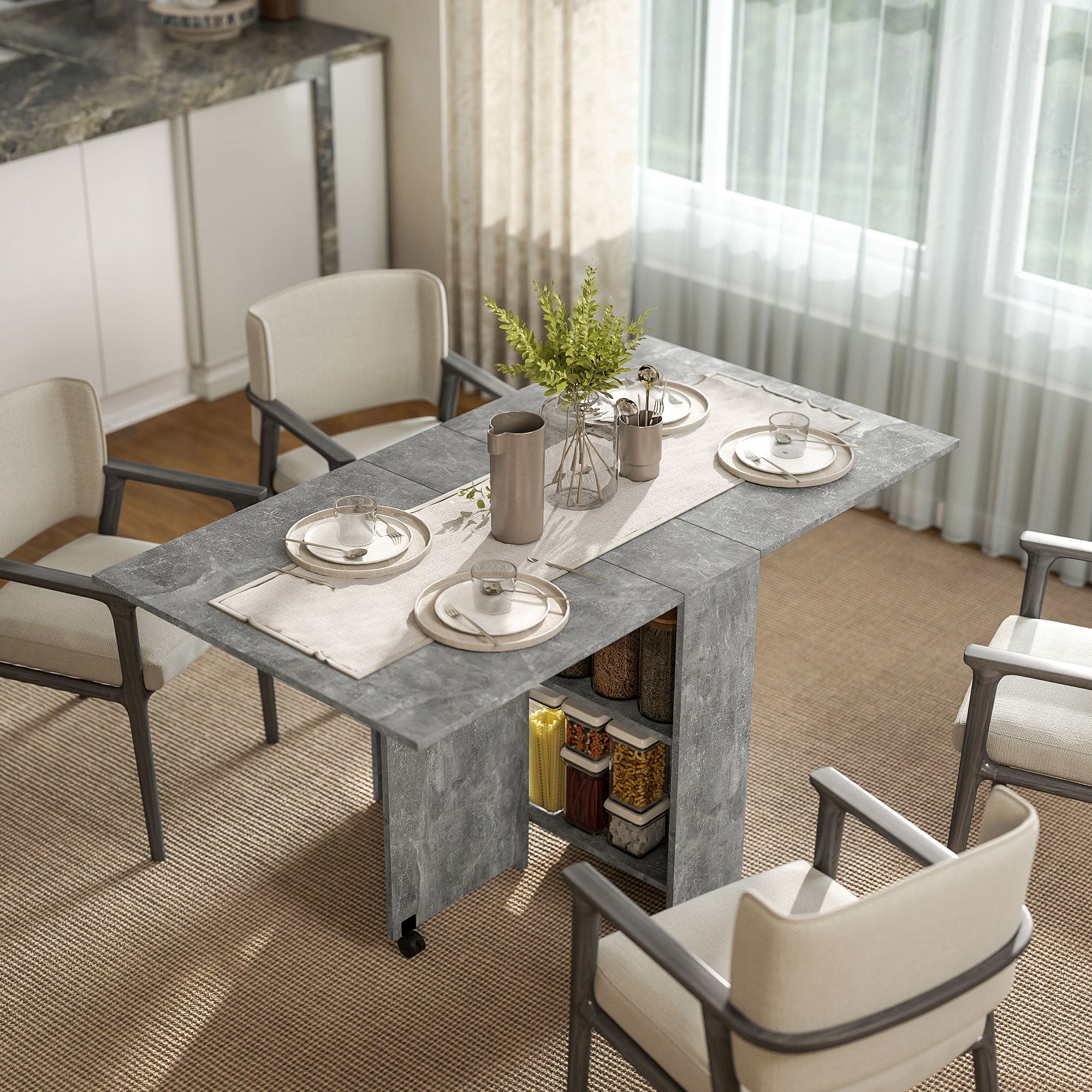 Folding Dining Table Kitchen Table with Wheels Folding Wings and Shelves for 4-6 People 75x140x74 cm Gray Cement