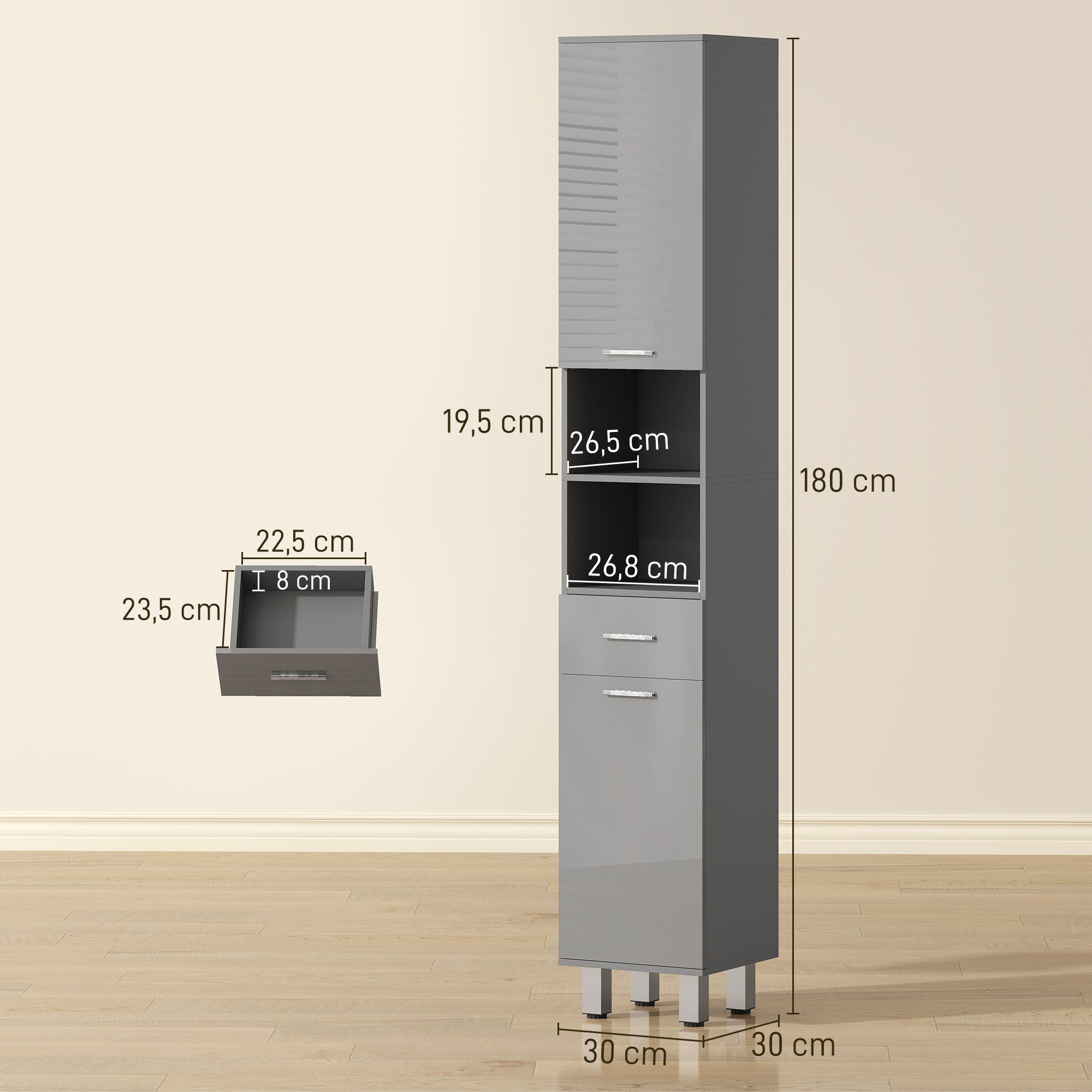 Slim Tall Bathroom Cabinet, High-Gloss Gray Drawer, Adjustable Shelves & 2 Open Compartments — 30 x 30 x 180 cm (11.8 x 11.8 x 70.9 in)