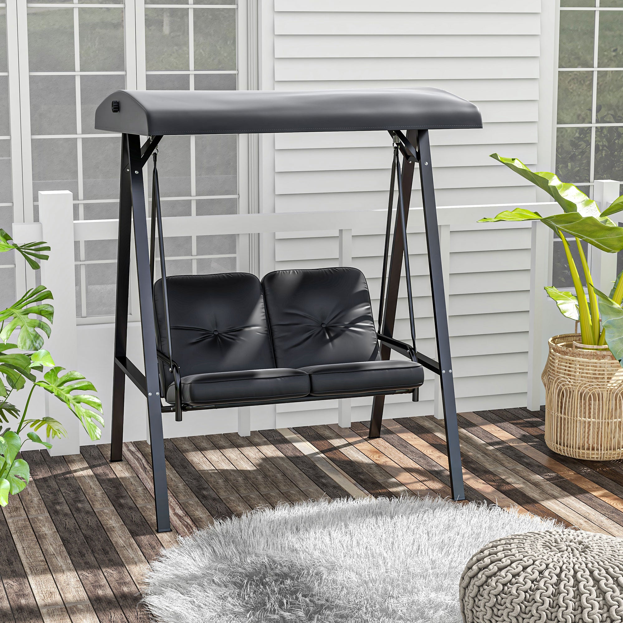 Hollywood Swing 2-Seater Garden Swing with Adjustable Canopy, Cushions, Swing Bench up to 220 kg Capacity, for Garden, Balcony, Black, 145 x 116 x 172 cm