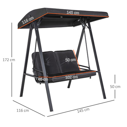 Hollywood Swing 2-Seater Garden Swing with Adjustable Canopy, Cushions, Swing Bench up to 220 kg Capacity, for Garden, Balcony, Black, 145 x 116 x 172 cm