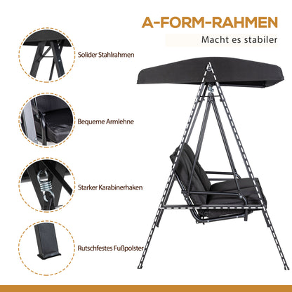 Hollywood Swing 2-Seater Garden Swing with Adjustable Canopy, Cushions, Swing Bench up to 220 kg Capacity, for Garden, Balcony, Black, 145 x 116 x 172 cm