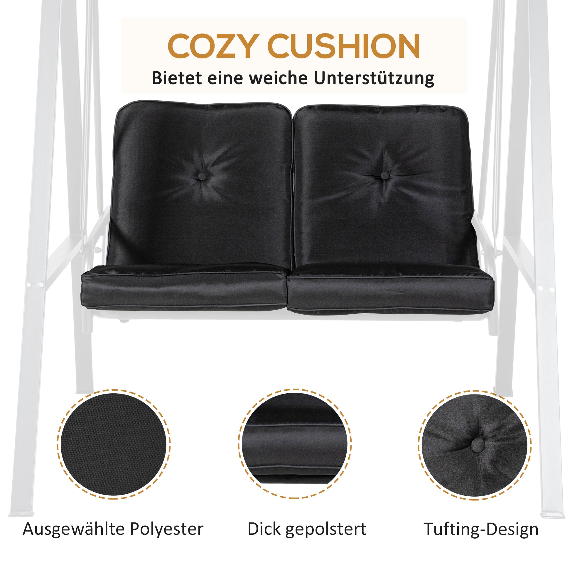 Hollywood Swing 2-Seater Garden Swing with Adjustable Canopy, Cushions, Swing Bench up to 220 kg Capacity, for Garden, Balcony, Black, 145 x 116 x 172 cm