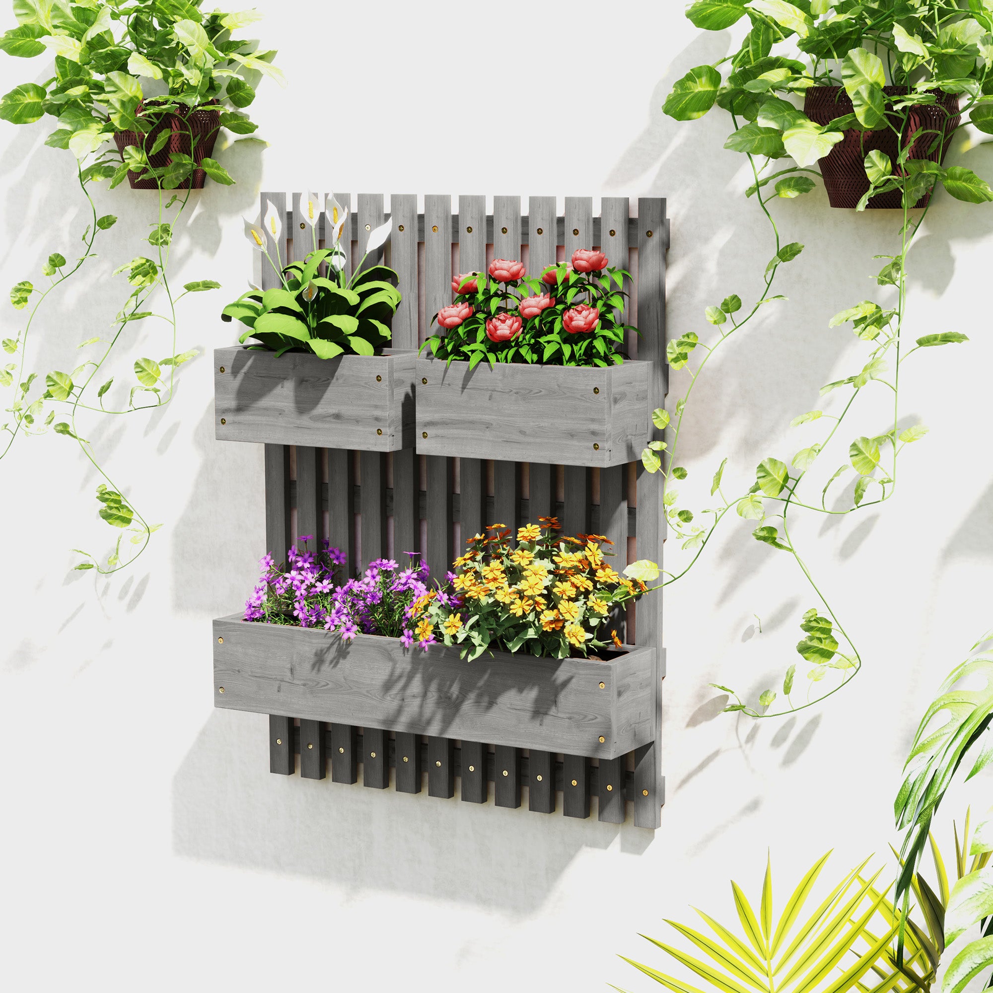 Wall-Mounted Vertical Planter — 3 Removable Fir Wood Boxes with Non-Woven Liners, 60 x 16 x 80 cm (Gray)