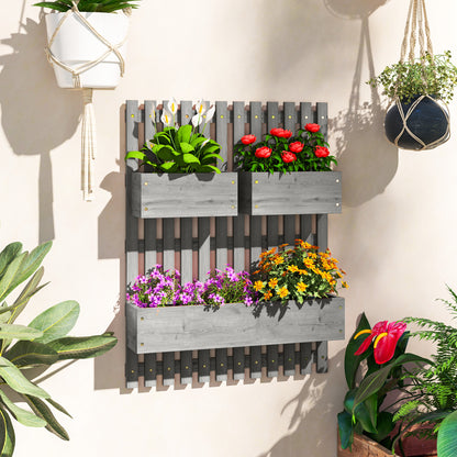 Wall-Mounted Vertical Planter — 3 Removable Fir Wood Boxes with Non-Woven Liners, 60 x 16 x 80 cm (Gray)