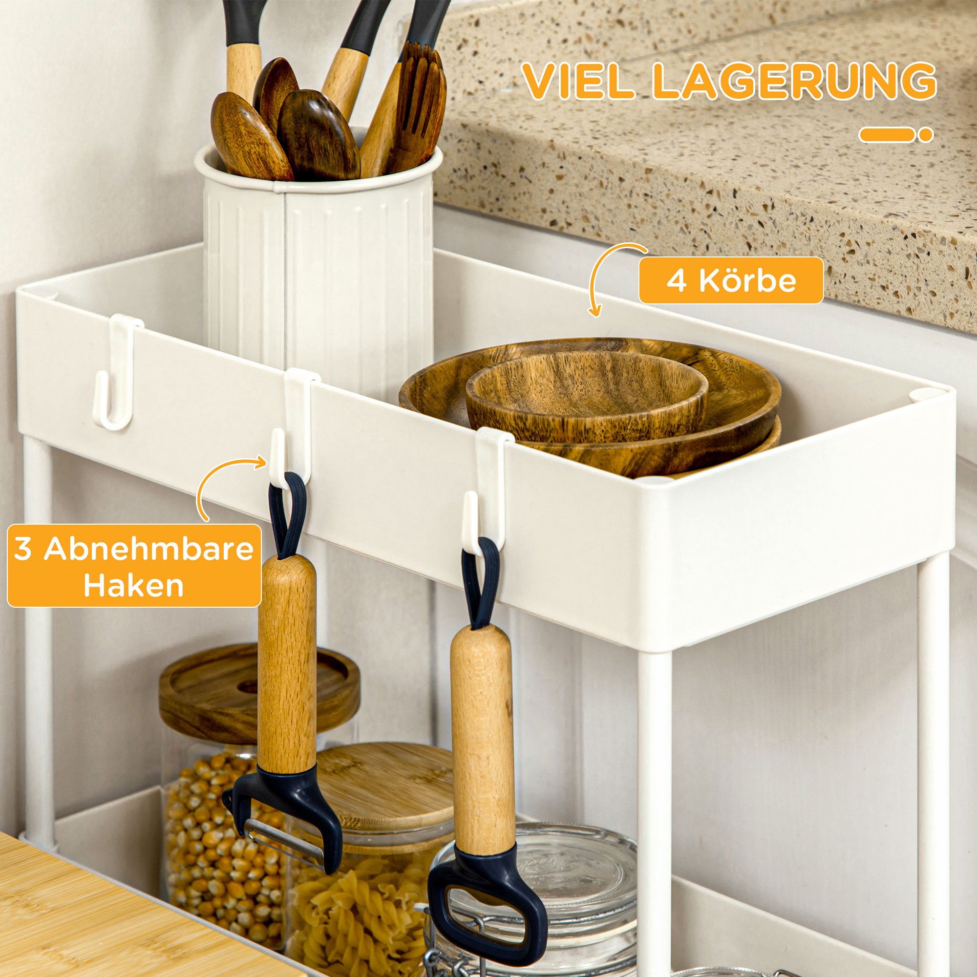 Serving Trolley with 4 Levels Kitchen Cart with Wheels Trolley with Hooks Utility Cart for Kitchen Office Bathroom, White