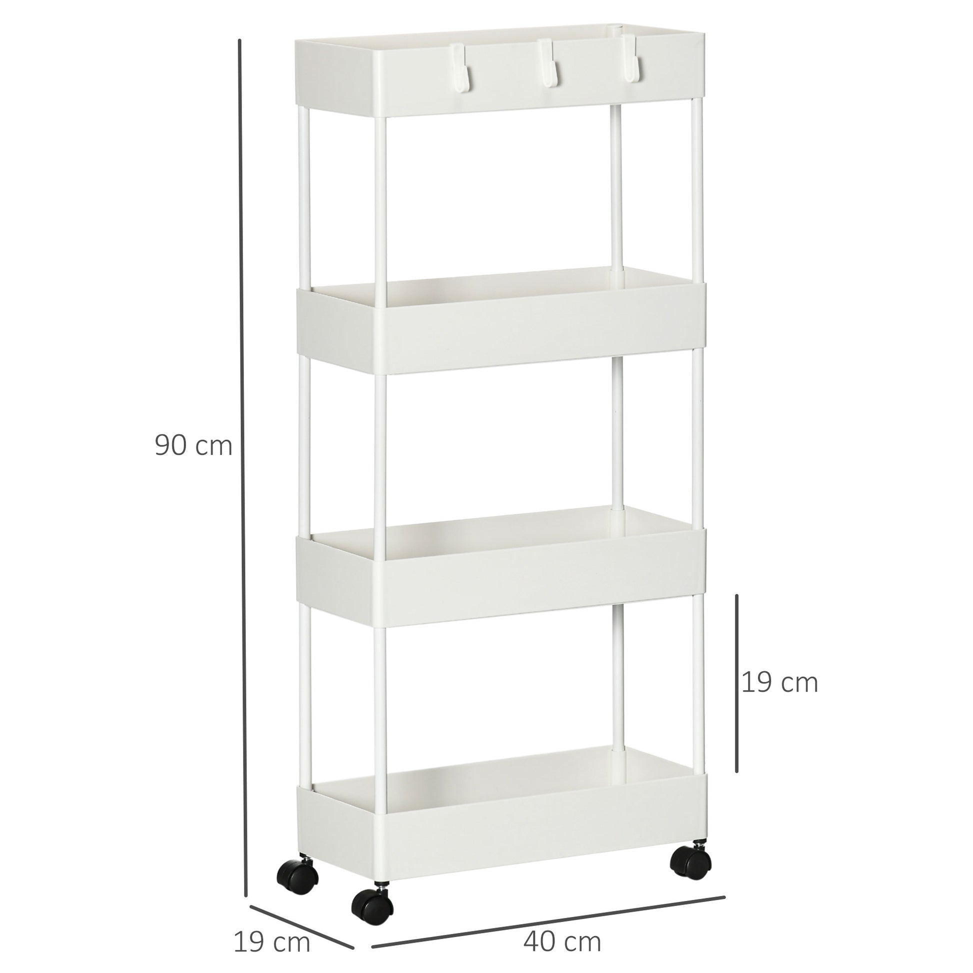Serving Trolley with 4 Levels Kitchen Cart with Wheels Trolley with Hooks Utility Cart for Kitchen Office Bathroom, White