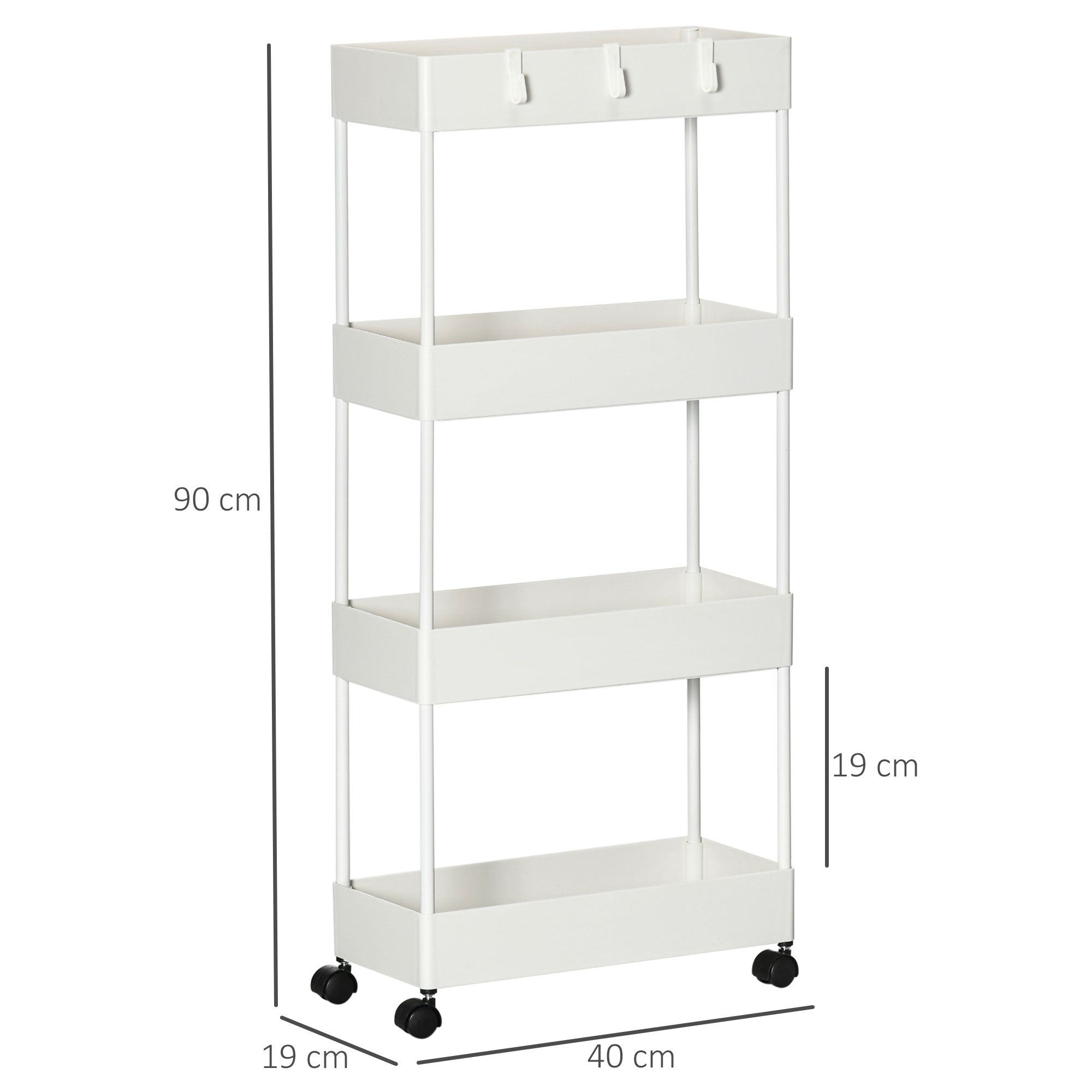 Serving Trolley with 4 Levels Kitchen Cart with Wheels Trolley with Hooks Utility Cart for Kitchen Office Bathroom, White