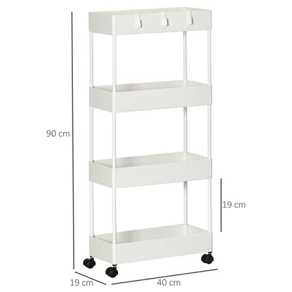 Serving Trolley with 4 Levels Kitchen Cart with Wheels Trolley with Hooks Utility Cart for Kitchen Office Bathroom, White