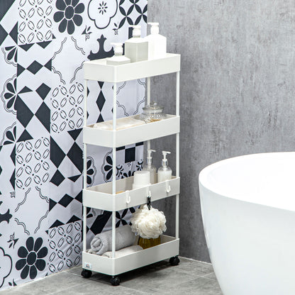 Serving Trolley with 4 Levels Kitchen Cart with Wheels Trolley with Hooks Utility Cart for Kitchen Office Bathroom, White