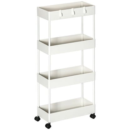 Serving Trolley with 4 Levels Kitchen Cart with Wheels Trolley with Hooks Utility Cart for Kitchen Office Bathroom, White