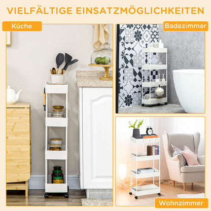 Serving Trolley with 4 Levels Kitchen Cart with Wheels Trolley with Hooks Utility Cart for Kitchen Office Bathroom, White