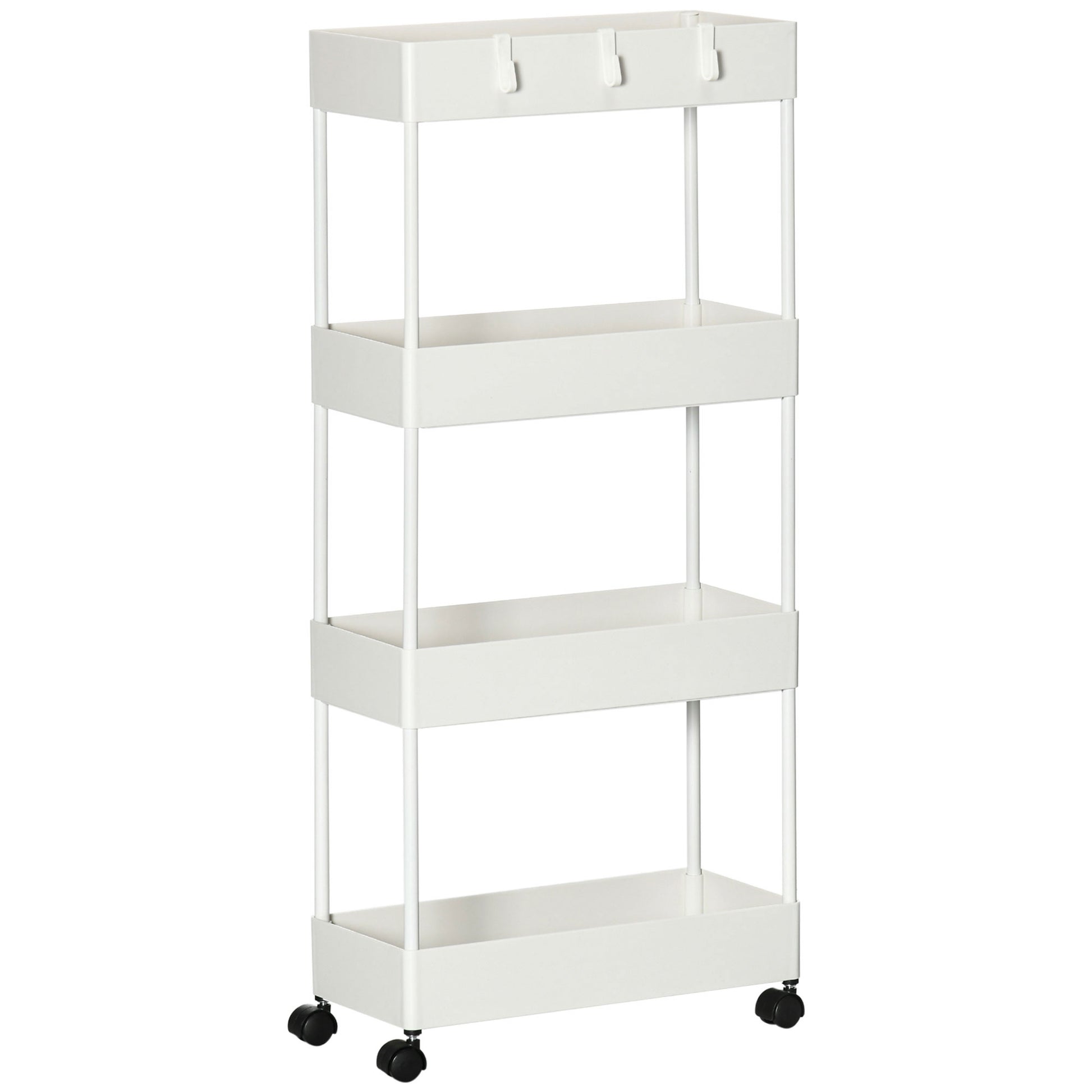 Serving Trolley with 4 Levels Kitchen Cart with Wheels Trolley with Hooks Utility Cart for Kitchen Office Bathroom, White