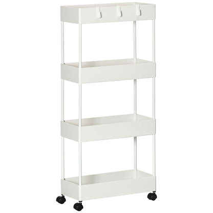 Serving Trolley with 4 Levels Kitchen Cart with Wheels Trolley with Hooks Utility Cart for Kitchen Office Bathroom, White