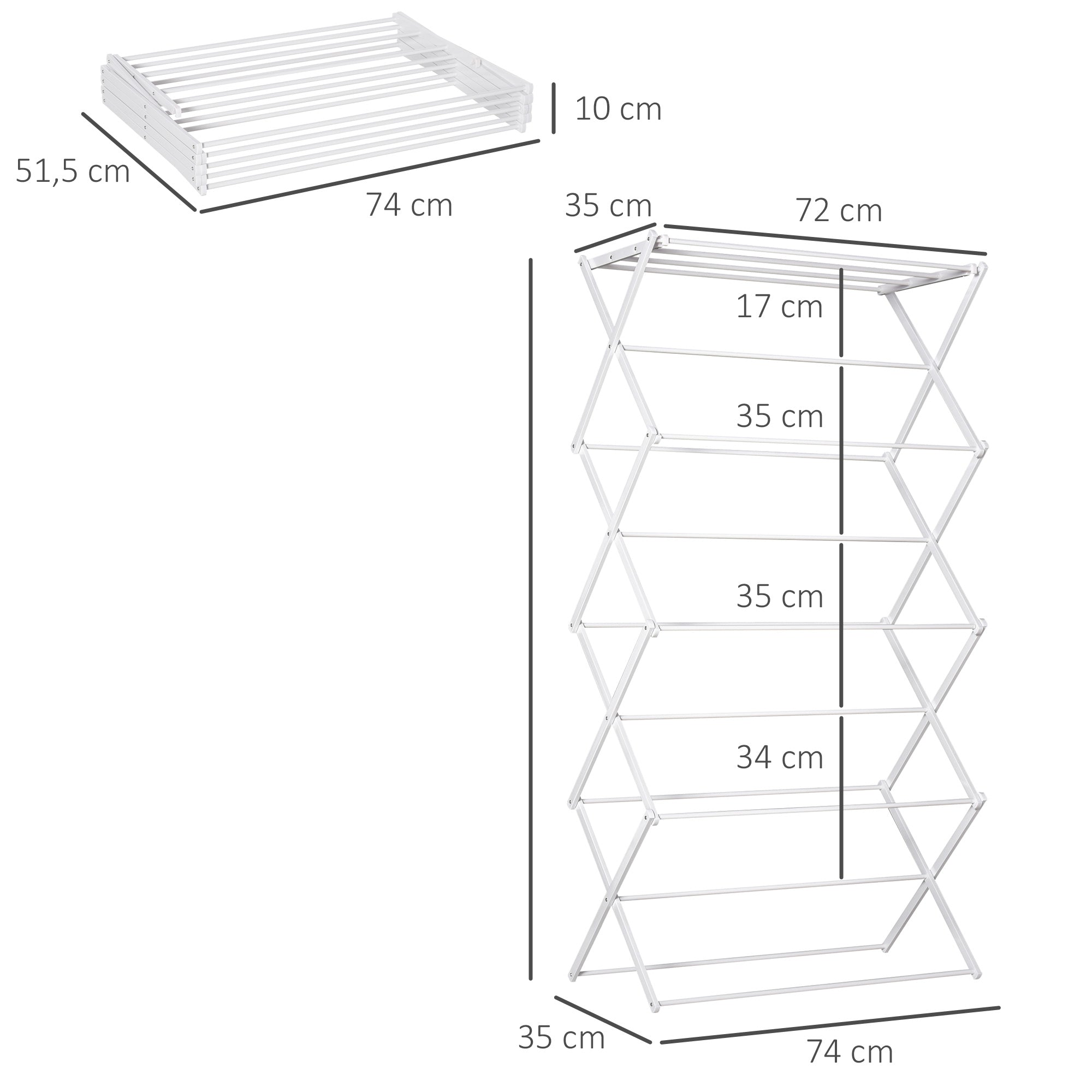Folding Laundry Rack 8-Tier Drying Rack Tower Dryer Tower Laundry Rack Clothes Drying Rack Metal Plastic White 74 x 35 x 144 cm