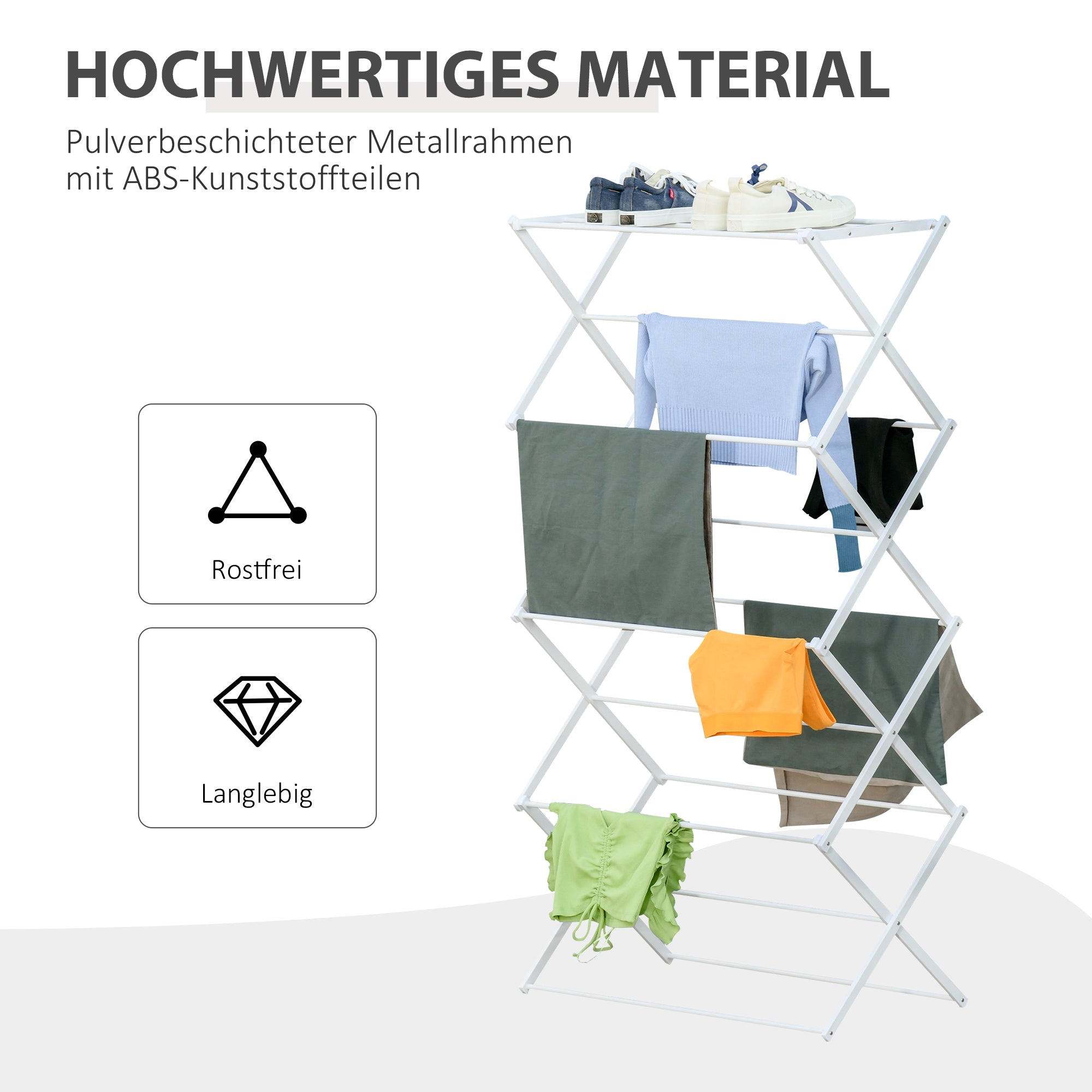 Folding Laundry Rack 8-Tier Drying Rack Tower Dryer Tower Laundry Rack Clothes Drying Rack Metal Plastic White 74 x 35 x 144 cm