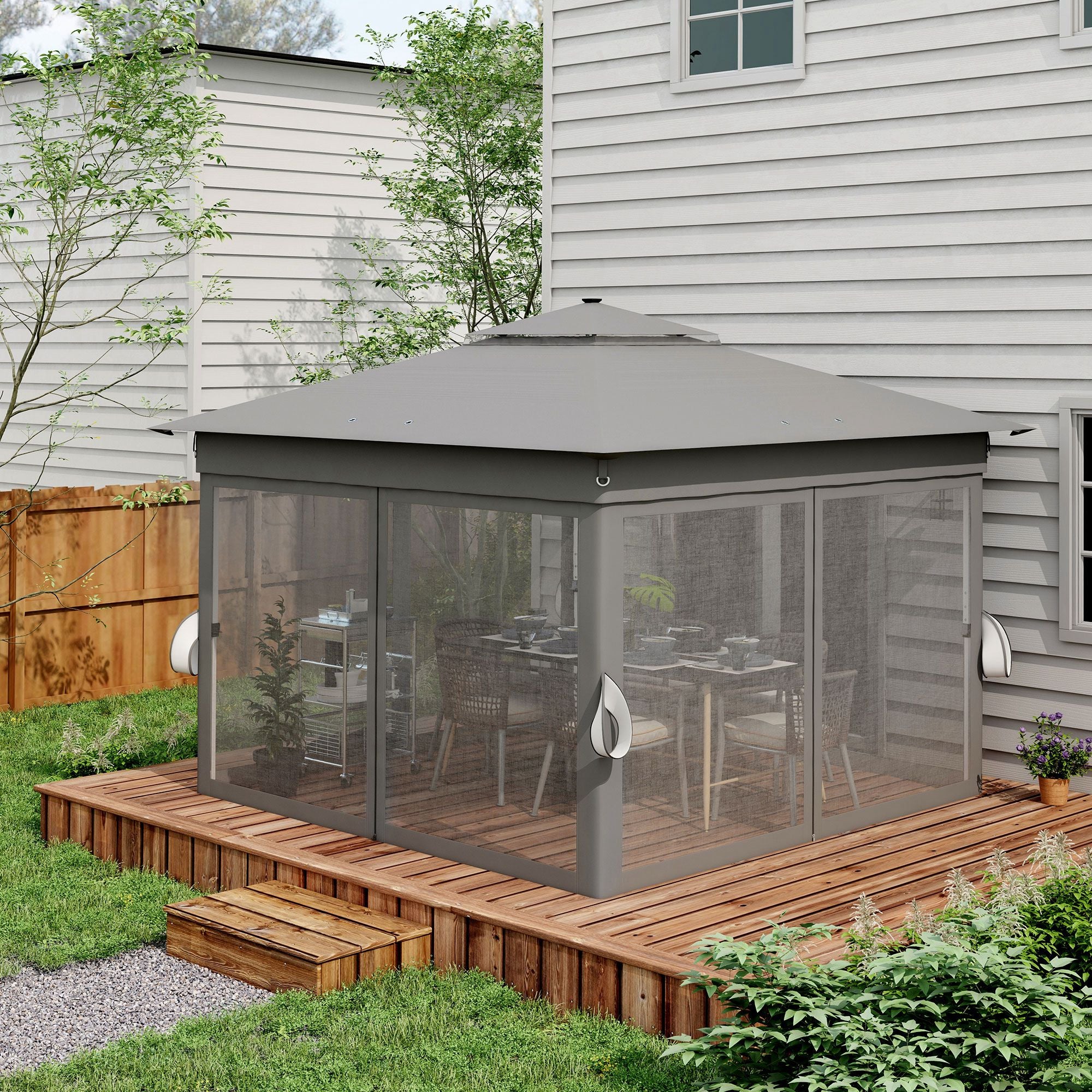 Folding Gazebo approx. 3 x 3 m, Gazebo with LED, 4 Net Curtains, Side Wall, Garden Gazebo with Water Bag, Double Roof, Carry Bag, for Balcony, Terrace, Dark Gray